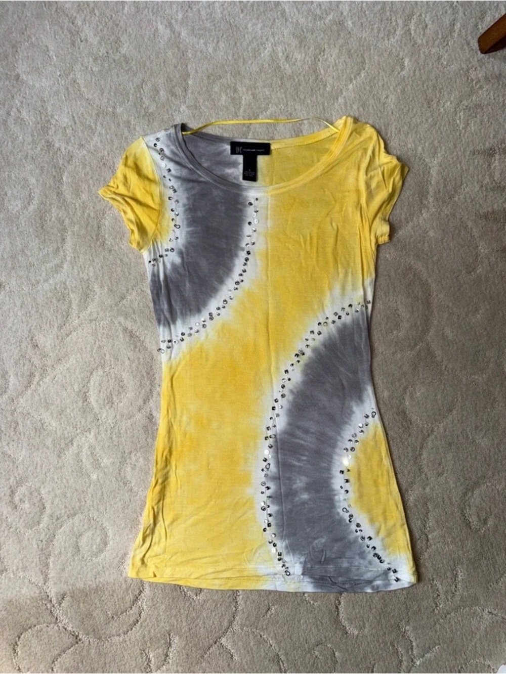 INC Tie-Dye Tee with Sequin Detail - Yellow & Gray